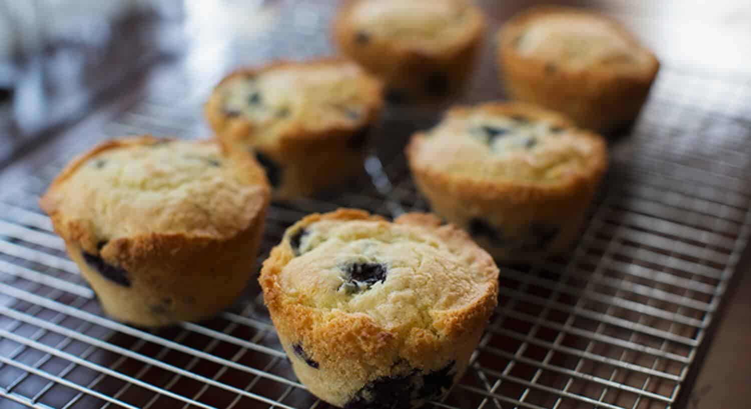 Six perfectly golden brown blueberry muffins on top of a cooling rack