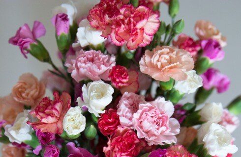 Colorful bouquet of white, peach, pink and purple flowers