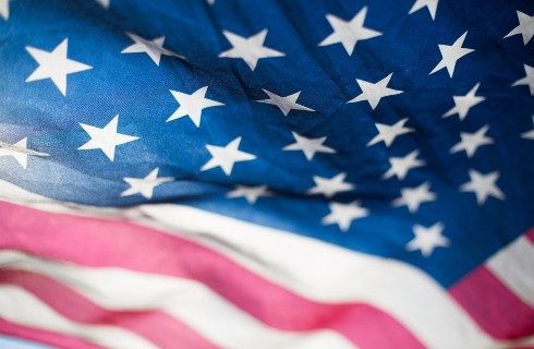 Focused view of a wavy red, white and blue American flag